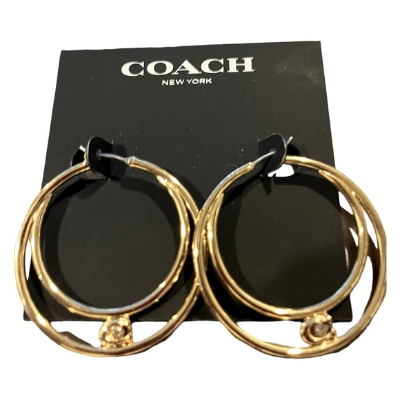 New Coach Logo Signature Double Hoop Earrings with Crystal in Gold Plated Brass - Picture 1 of 5